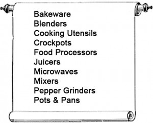 New Uses graphic of scroll with text that says bakeware, blenders, cooking utensils, crockpots, food processors, juicers, microwaves, mixers, pepper grinders, pots and pans