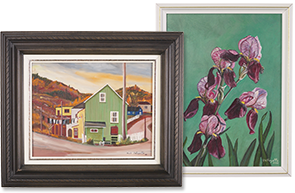 New Uses artwork of small town in a brown frame and irises in a while frame