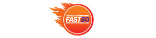 New Uses parent company NTY Franchise graphic for being named Fast 50 franchise, orange circle with orange flames coming off of the left side