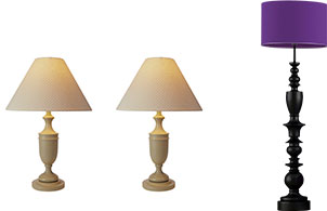 New Uses two matching off-white tabletop lamps next to a tall black floor lamp with a purple shade against white background