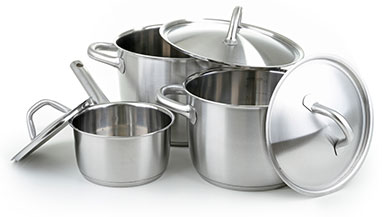 New Uses group of two Dutch oven pots and a sauce pan with lids, all stainless steel