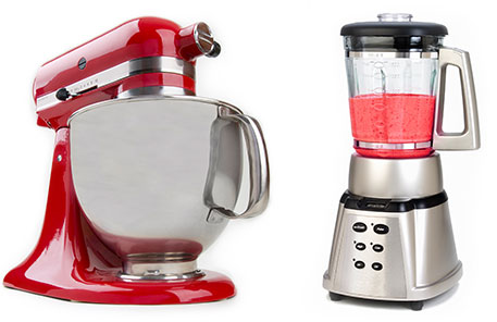 New Uses kitchen appliances: red Kitchenaid stand mixer and stainless steel blender with red blended drink inside